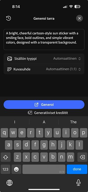 Generatiivinen tarra -näyttö, jossa näkyy kirjoitettu kehote, sisällön tyyppi ja kuvasuhteet sekä Generoi-painike.