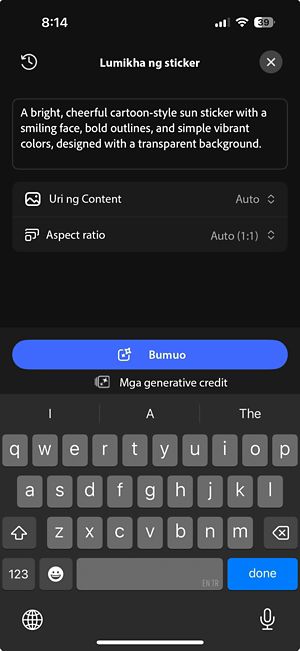 Generative Sticker screen na nagpapakita ng isinulat na prompt, mga opsyong content type at aspect ratio, at Generate button.