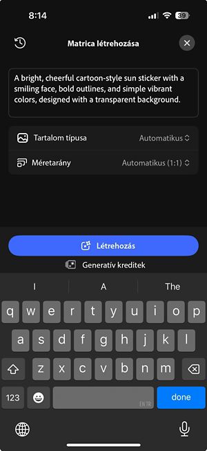 Generatív matricák képernyő, látható rajta egy írott utasítás, a tartalom típusa és a méretarány, valamint a Létrehozás gomb.