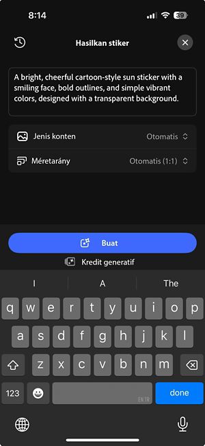 Layar Stiker Generatif menampilkan prompt tertulis, jenis konten dan opsi rasio aspek, serta tombol Hasilkan.
