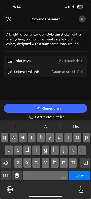 Der Bildschirm für generative Aufkleber zeigt eine schriftliche Aufforderung, Optionen für Inhaltstyp und Seitenverhältnis sowie die Schaltfläche Generieren.