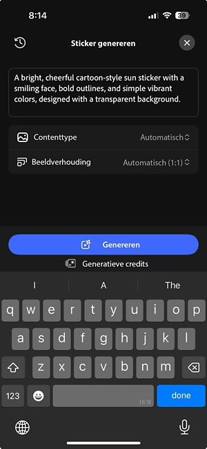 Het scherm Generatieve sticker met een schriftelijke prompt, opties voor het contenttype en de beeldverhouding en de knop Genereren.