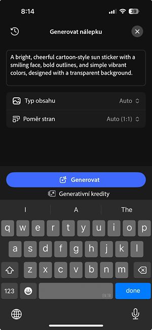Obrazovka Generativní štítek zobrazující písemné výzvy, volby typu obsahu a poměru stran a tlačítko Vytvořit.