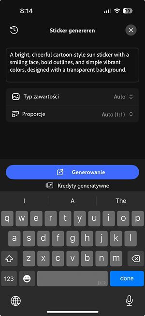 Ekran Naklejka generatywna zawierający pole tekstowe, opcje typu treści i proporcji obrazu oraz przycisk Generuj.