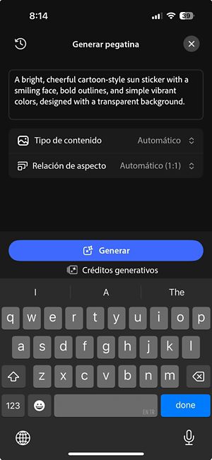 Pantalla de Adhesivo generativo que muestra un mensaje escrito, opciones de tipo de contenido y relación de aspecto, y el botón Generar.