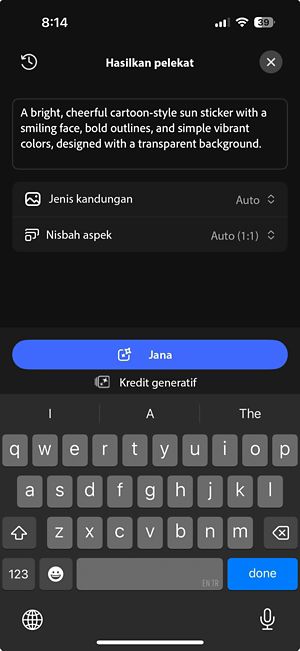 Skrin Pelekat Generatif memaparkan gesaan bertulis, pilihan jenis kandungan dan nisbah aspek, serta butang Jana.
