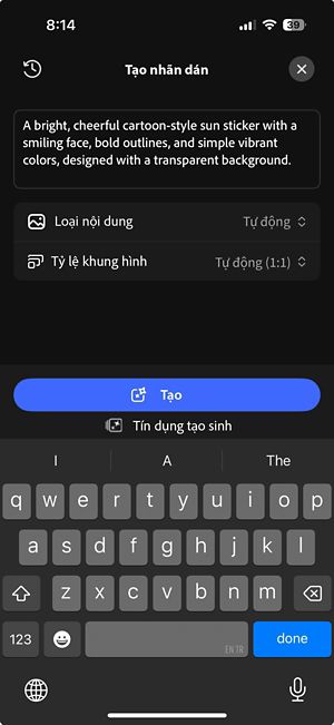 Màn hình Nhãn dán tạo sinh đang hiển thị: khung nhập câu lệnh, các tùy chọn loại nội dung và tỷ lệ khung hình, cùng với nút Tạo.