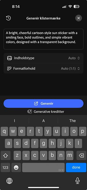 Skærmen Generativ sticker viser en skrevet prompt, mulighederne indholdstype og formatforhold og knappen Generér.