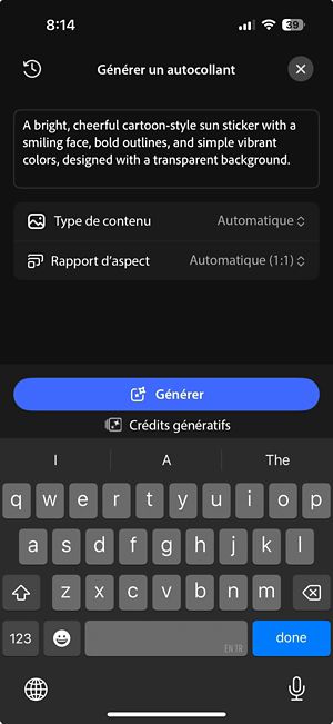Écran d’affichage génératif qui affiche une demande écrite, les options de type de contenu et de proportion, ainsi que le bouton Générer.