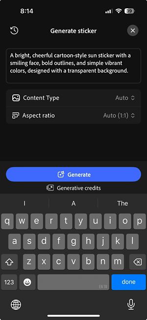 Generative Sticker screen showing a written prompt, content type and aspect ratio options, and the Generate button.