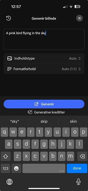 Skærmen Generativt billede viser promptfeltet, indholdstype, formatforhold muligheder og Generér-knappen.