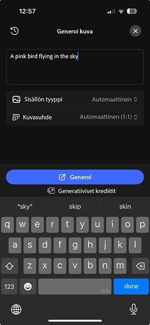 Generatiivisen kuvan näyttö, jossa näkyy kehoteruutu, sisällön tyyppi, kuvasuhdeasetukset ja Generoi-painike.