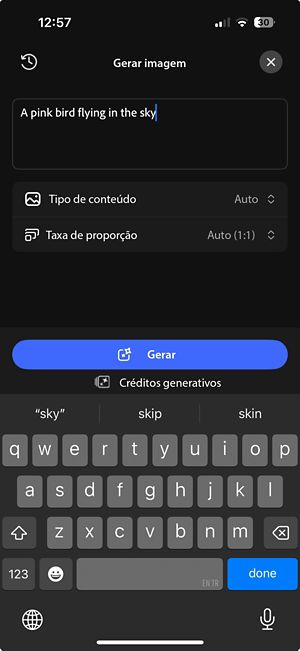 Tela “Imagem generativa”, mostrando a caixa de prompt, o tipo de conteúdo, as opções de proporção e o botão “Gerar”.