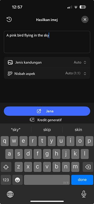 Skrin imej generatif memaparkan kotak gesaan, jenis kandungan, pilihan nisbah aspek, dan butang Jana.