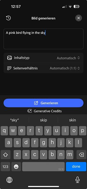 Der Bildschirm für generative Bilder zeigt das Eingabefeld, den Inhaltstyp, die Optionen für das Seitenverhältnis und die Schaltfläche Generieren.