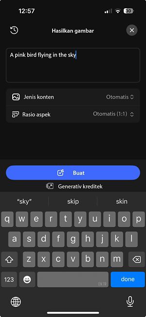 Layar gambar generatif menampilkan kotak prompt, jenis konten, opsi rasio aspek dan tombol Hasilkan.