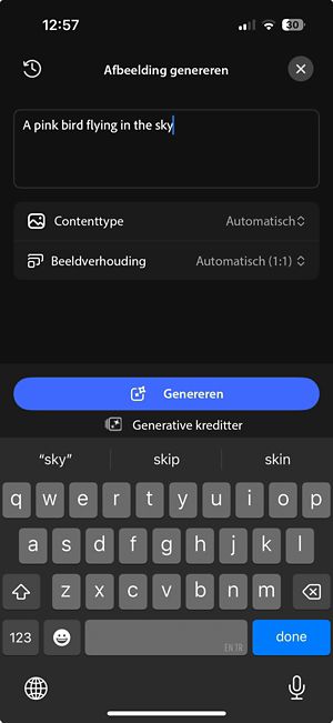 Het scherm voor generatieve afbeeldingen met het promptvenster, contenttype, opties voor beeldverhouding en de knop Genereren.