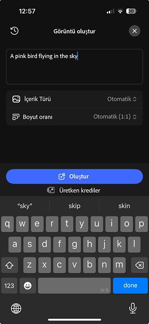 Üretilmiş görüntü ekranı, istem kutusu, içerik türü ve en-boy oranı seçenekleri ile Oluştur düğmesini gösterir.