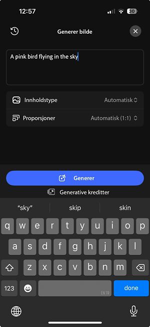 Generativ bildeskjerm som viser spørsmålsboks, innholdstype, alternativer for proporsjoner og Generer-knappen.