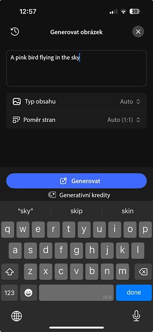 Generativní obrazová obrazovka zobrazující pole výzvy, typ obsahu, volby poměru stran a tlačítko Vytvořit.