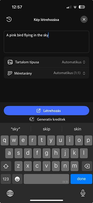Generatív kép képernyő, amelyen látható az utasítást tartalmazó mező, a tartalomtípus, a méretarány beállításai és a Létrehozás gomb.