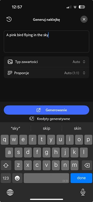 Ekran Obraz generatywny z okienkiem polecenia, typem treści, opcjami proporcji i przyciskiem Generuj.
