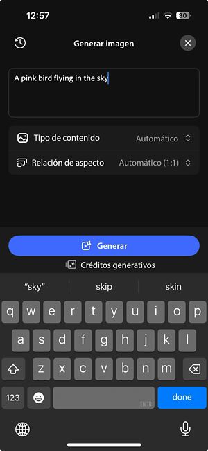 Pantalla de imagen generativa que muestra el cuadro de diálogo, el tipo de contenido, las opciones de relación de aspecto y el botón Generar.
