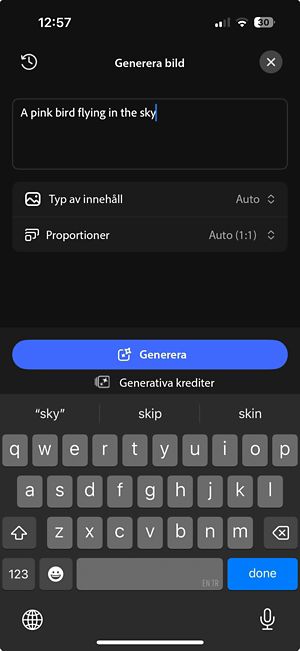 Skärmen Generativt bildmaterial som visar prompten, innehållstypen, alternativ för bildförhållande och knappen Generera.