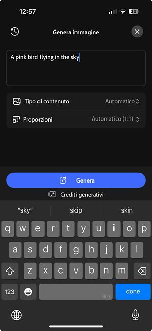 Schermata di Immagine generativa che mostra la casella per i prompt, il tipo di contenuto, le opzioni per le proporzioni e il pulsante Genera.