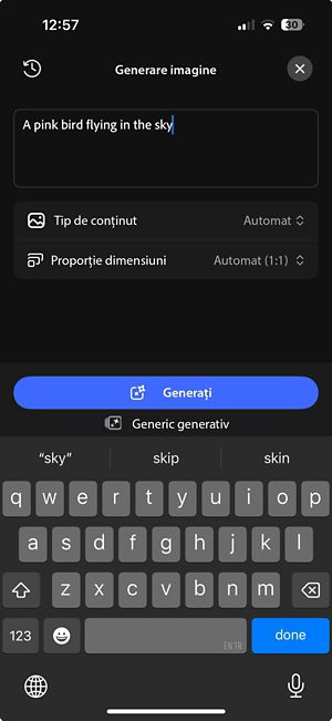 Ecranul Generare imagine afișează caseta de prompt, opțiunile pentru tip de conținut, raportul de aspect și butonul Generare.