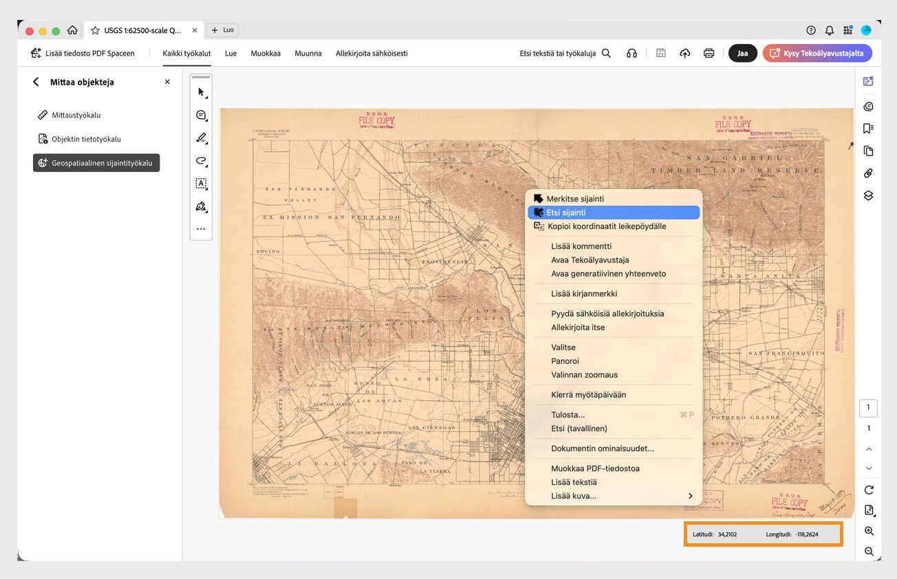 Geospatiaalinen PDF Acrobatissa, jossa näkyy kartta ja leveys- ja pituusasteikentät ruudun oikeassa alakulmassa.