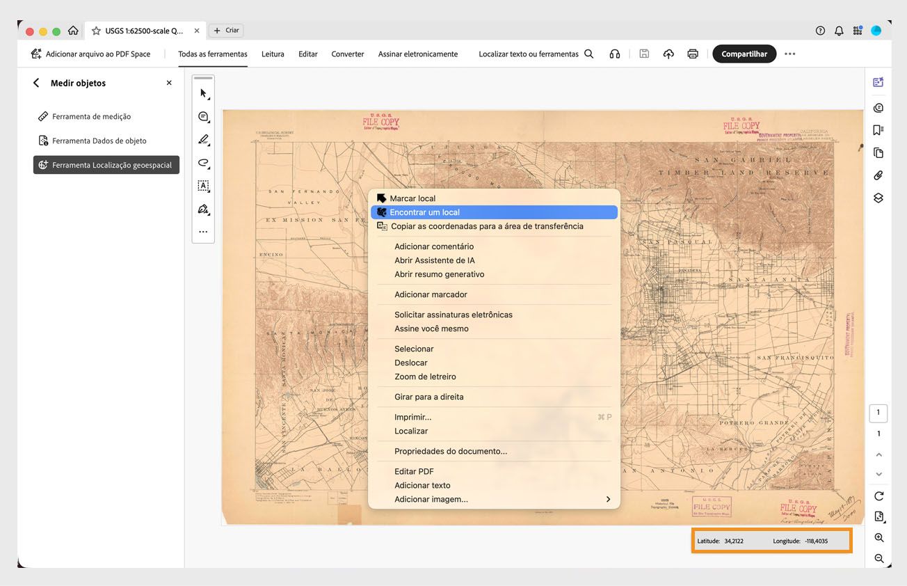 PDF geoespacial no Acrobat mostrando um mapa e campos de latitude e longitude no canto inferior direito da tela.