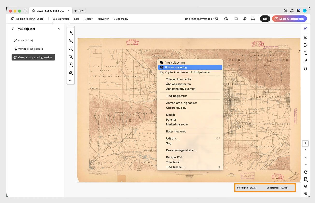 Geospatial PDF i Acrobat, der viser et kort og felter til breddegrad og længdegrad i nederste højre hjørne af skærmen.
