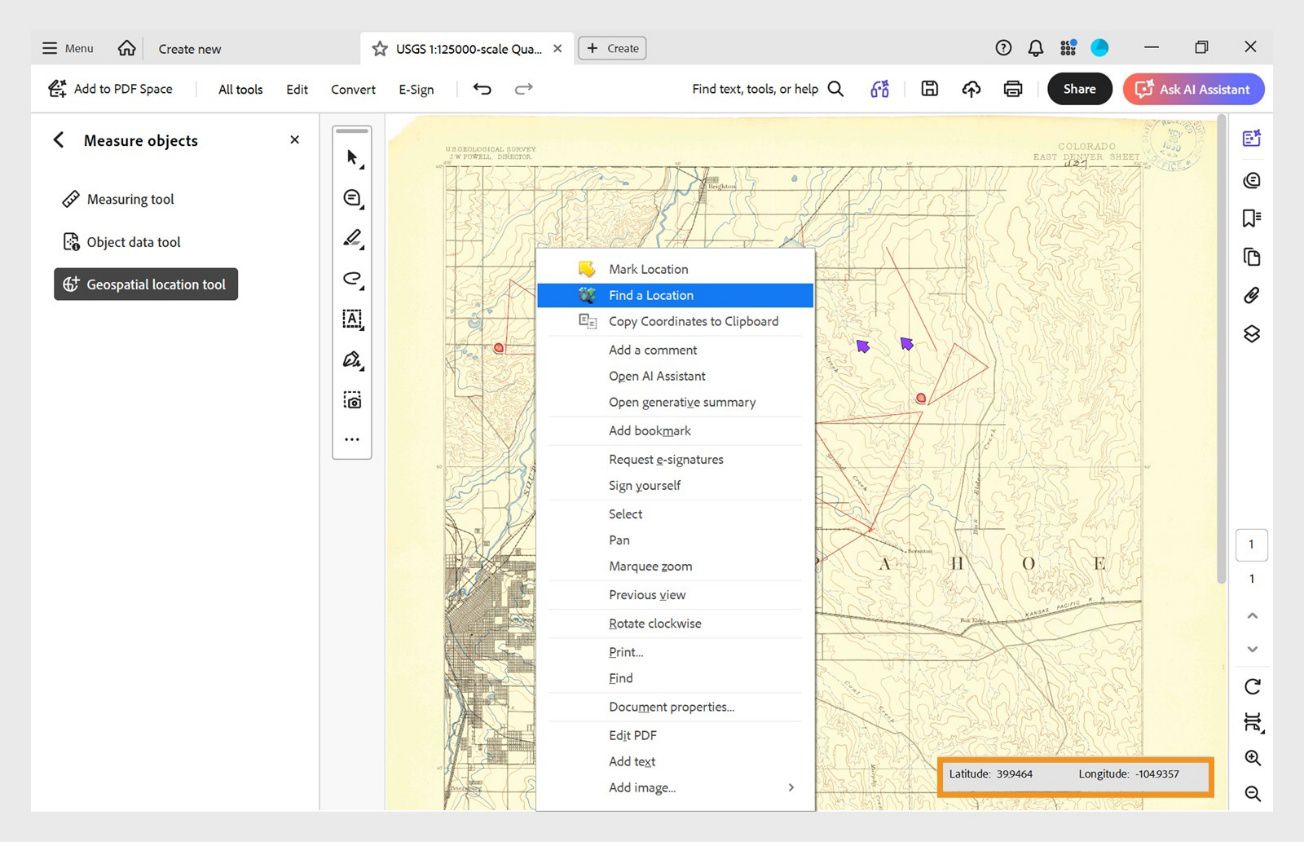 Geospatial PDF sa Acrobat na nagpapakita ng mapa at latitude at longitude field sa kanang ibaba sa kanto ng screen.