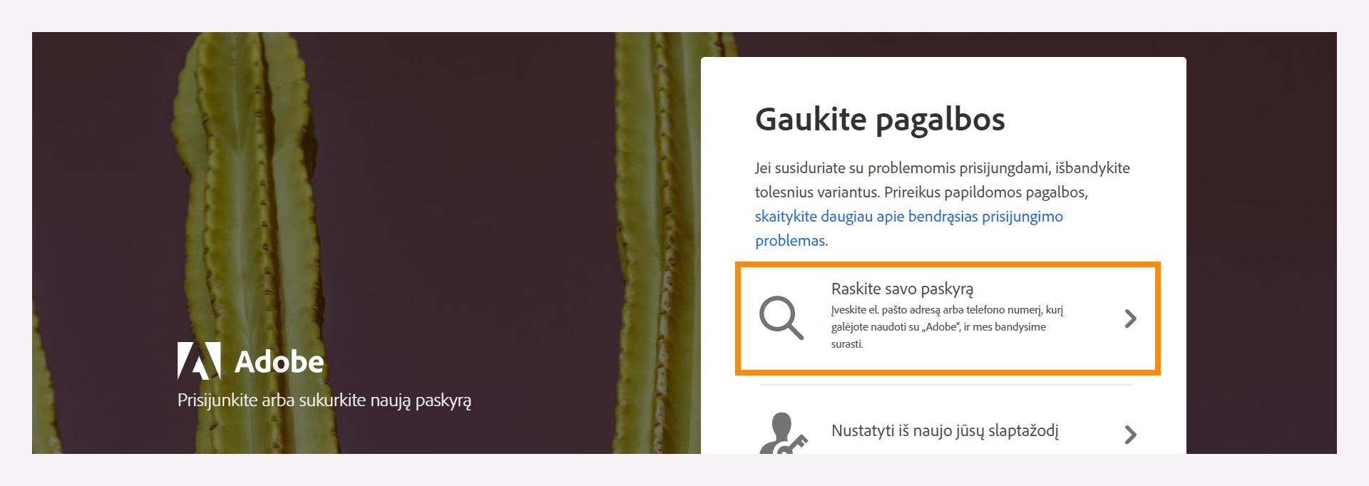 Pasirinkite pagalbos langą su parinktimi Raskite savo paskyrą, kad surastumėte savo registruotą „Adobe“ paskyrą.