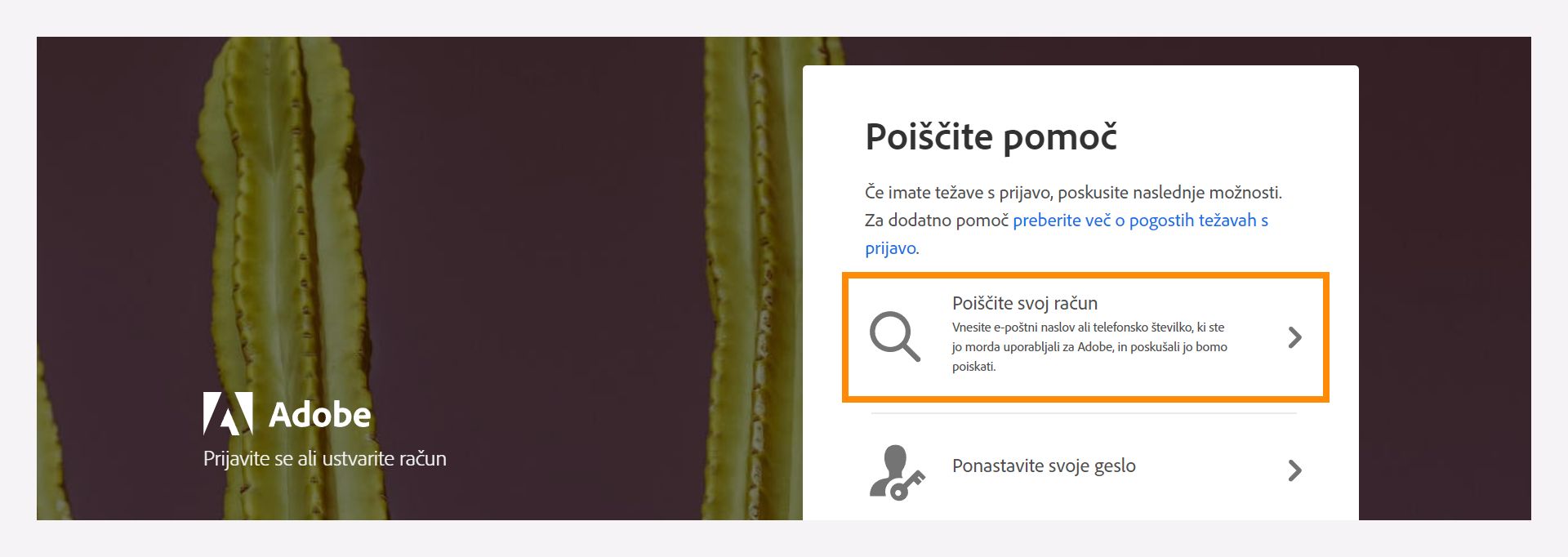 Okno s pomočjo, v katerem je možnost iskanja registriranega računa Adobe.