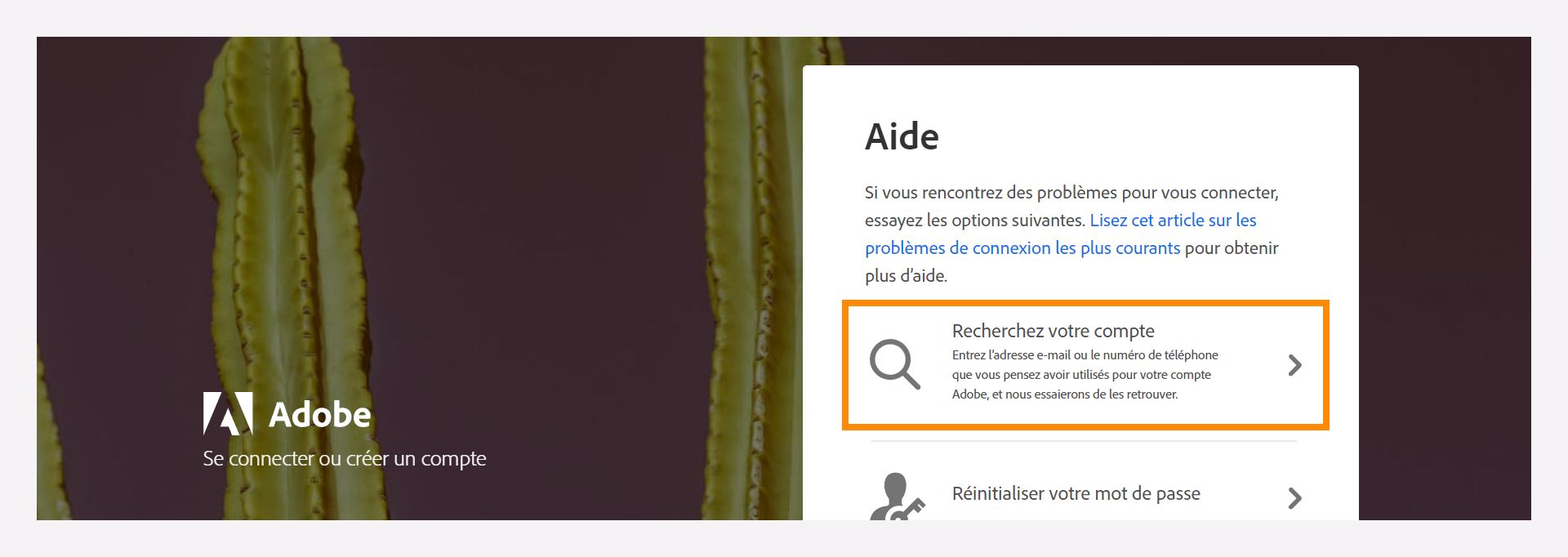 Obtenez une fenêtre d’aide avec l’option Rechercher votre compte pour trouver votre compte Adobe enregistré.