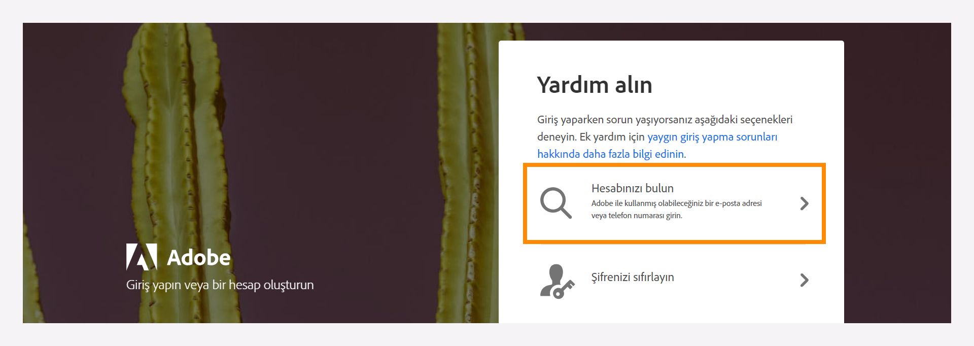 Kayıtlı Adobe hesabınızı bulmak için Hesabınızı bulun seçeneği ile yardım penceresi.