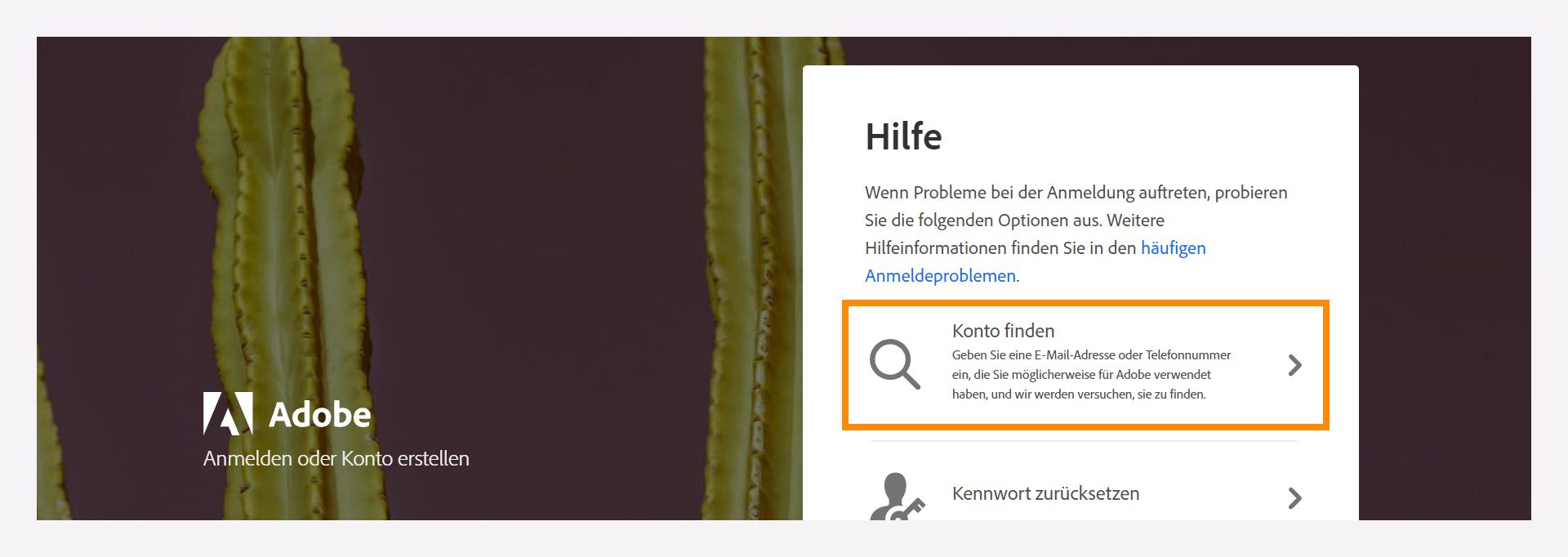 Hilfe-Fenster mit der Option „Konto finden“, um dein registriertes Adobe-Konto zu finden.