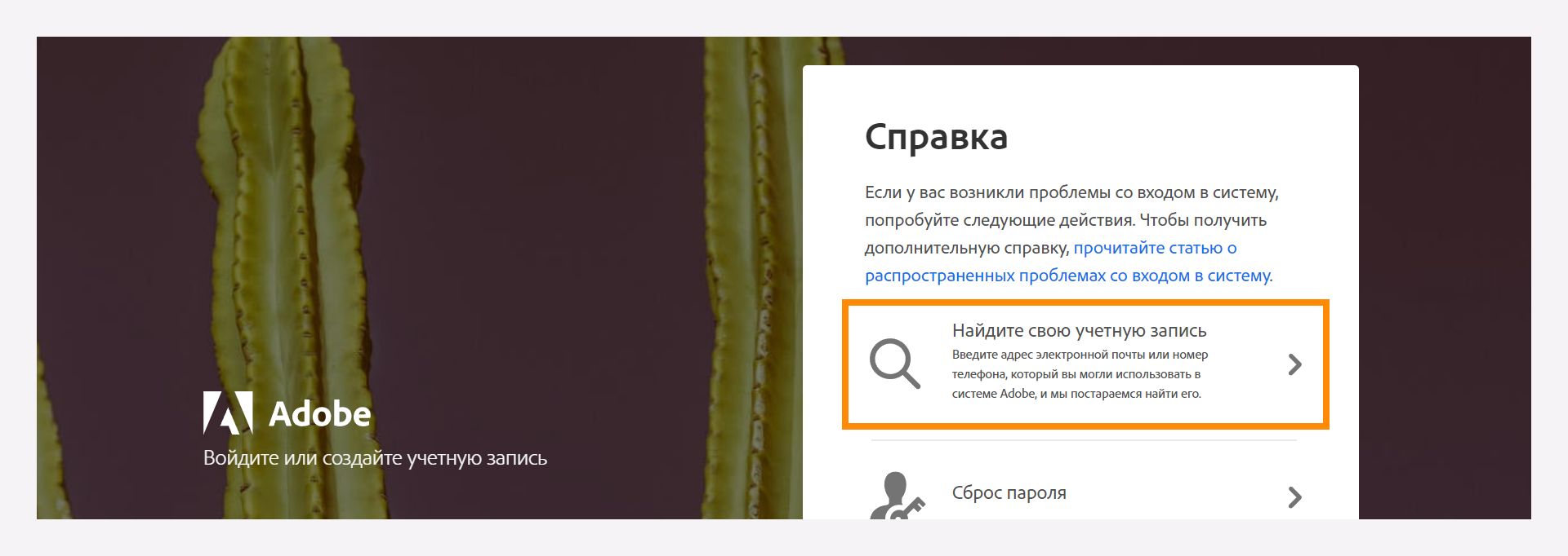 Чтобы найти зарегистрированную учетную запись Adobe, в окне «Получить помощь при входе» выберите параметр «Найдите свою учетную запись».