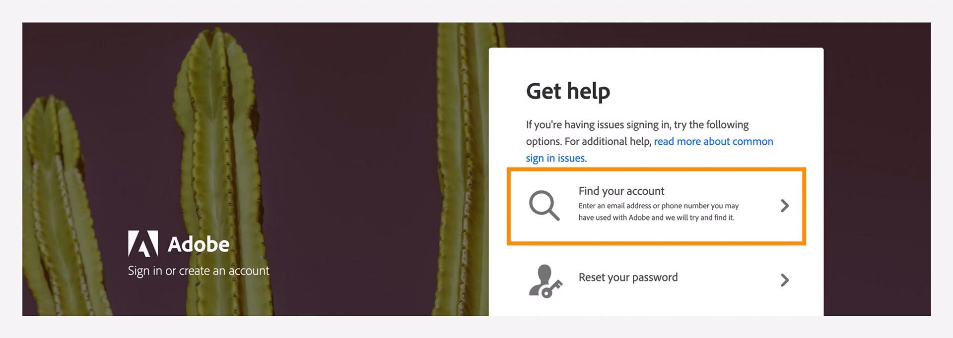 קבל חלון עזרה עם האפשרות 'Find your account' כדי למצוא את חשבון Adobe הרשום שלך.
