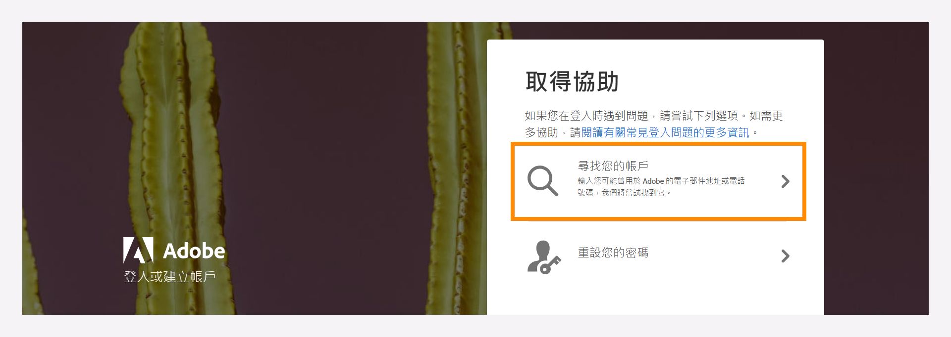 透過「尋找您的帳戶」選項開啟協助視窗，找回您註冊的 Adobe 帳戶。