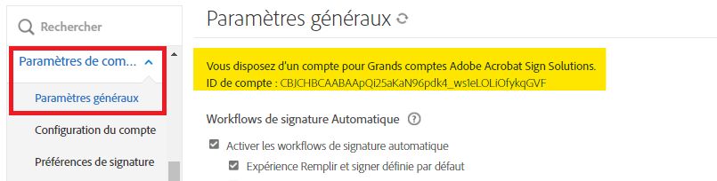 Page des paramètres généraux dans le menu de l’administrateur avec l’identifiant du compte mis en évidence