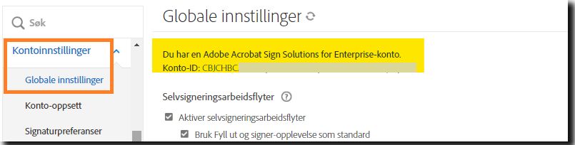 Siden Globale innstillinger i administratormenyen markerer konto-ID-en