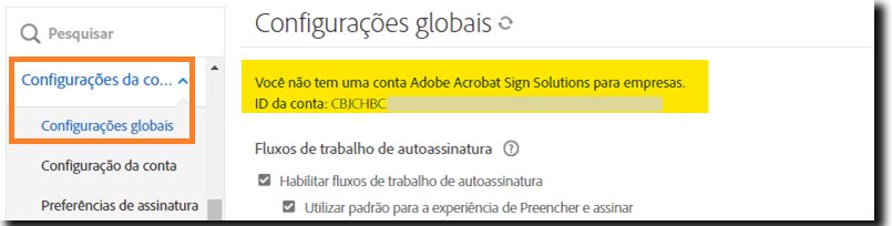 Página Configurações globais no menu do administrador realçando a ID da conta