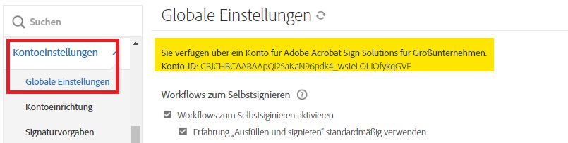 Seite „Globale Einstellungen“ im Admin-Menü, auf der die Konto-ID hervorgehoben wird