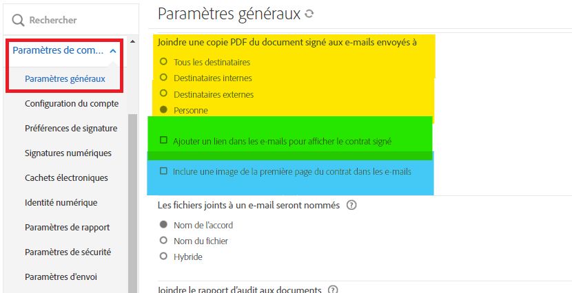 Menu administrateur Paramètres généraux mettant en évidence les commandes permettant de joindre un PDF et d’afficher l’image et le lien dans les e-mails