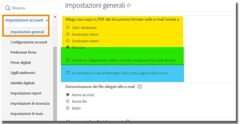 Impostazioni globali nel menu di amministrazione che evidenziano i controlli per allegare un PDF e visualizzare immagini e collegamenti nelle e-mail.