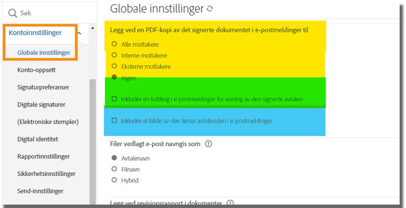 Globale innstillinger på administratormenyen uthever kontrollene for å legge ved en PDF og vise bilde og kobling i e-poster.