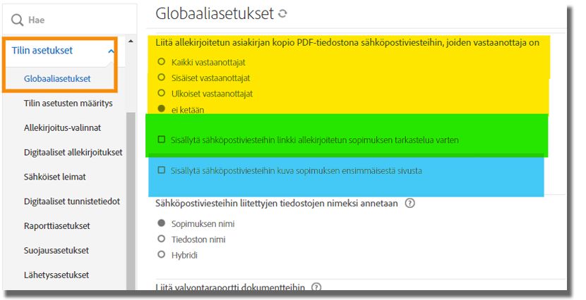 Järjestelmänvalvojan valikon Yleisasetukset -välilehdessä on korostettuna toiminnot, joilla voit liittää PDF-tiedoston ja näyttää kuvan ja linkin sähköpostiviesteissä.